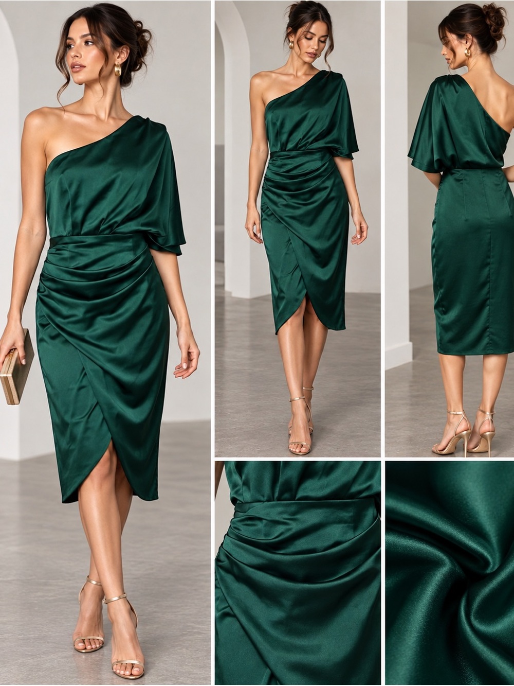 Emerald Green Satin One Shoulder Ruched Midi Cocktail Dress Medium NWOT
